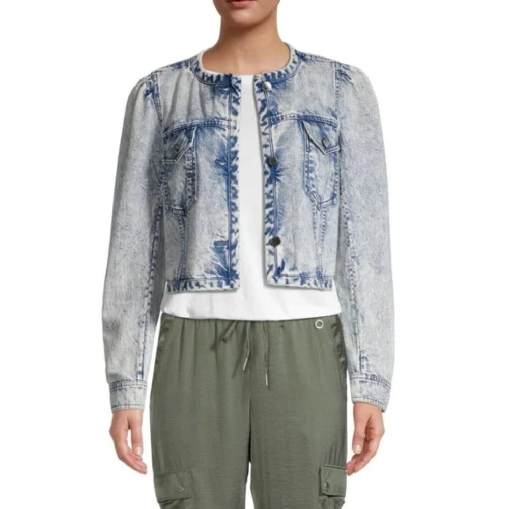 Tanya Taylor Dakota Denim Blue Acid Washed Cropped Jean Jacket Sz 1X